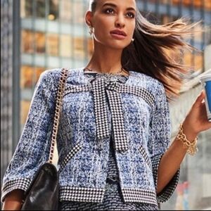 Cabi Blue Black White Tri-Color Wide Sleeve Cropped Jacket Size XS